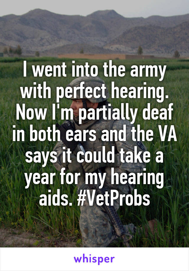 I went into the army with perfect hearing. Now I'm partially deaf in both ears and the VA says it could take a year for my hearing aids. #VetProbs