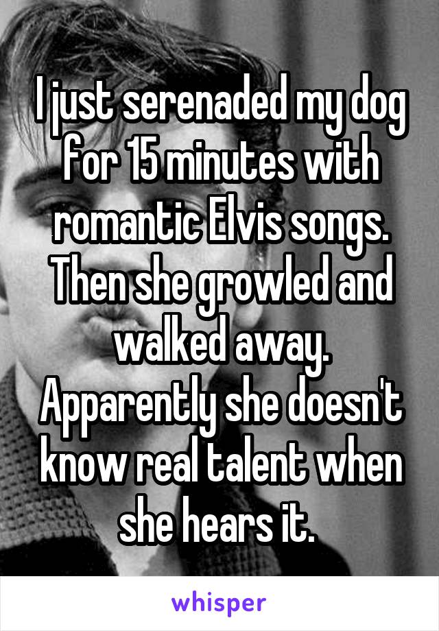 I just serenaded my dog for 15 minutes with romantic Elvis songs. Then she growled and walked away. Apparently she doesn't know real talent when she hears it. 