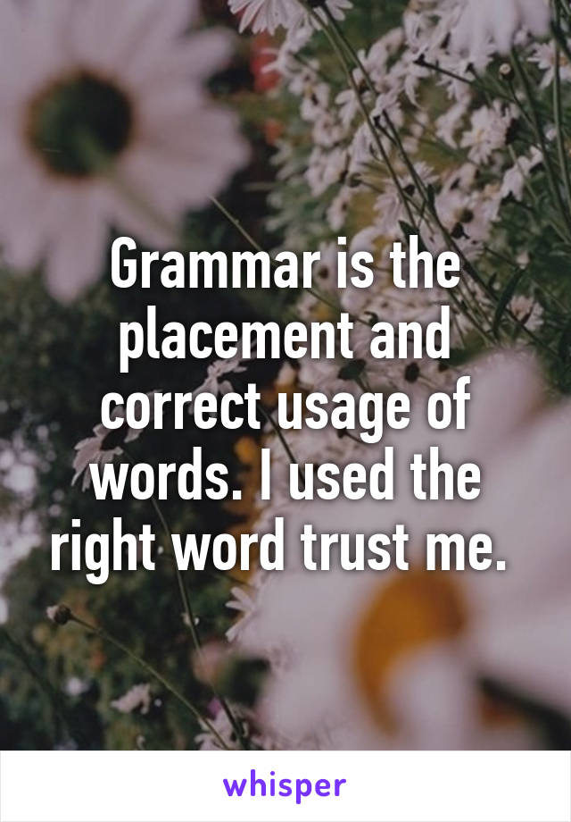Grammar is the placement and correct usage of words. I used the right word trust me. 