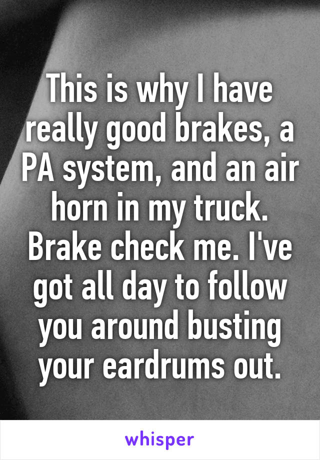 This is why I have really good brakes, a PA system, and an air horn in my truck. Brake check me. I've got all day to follow you around busting your eardrums out.