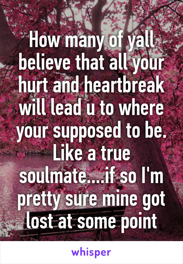 How many of yall believe that all your hurt and heartbreak will lead u to where your supposed to be. Like a true soulmate....if so I'm pretty sure mine got lost at some point