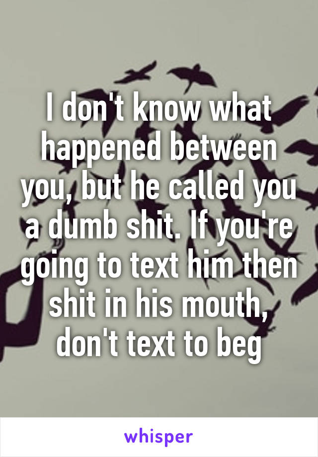 I don't know what happened between you, but he called you a dumb shit. If you're going to text him then shit in his mouth, don't text to beg