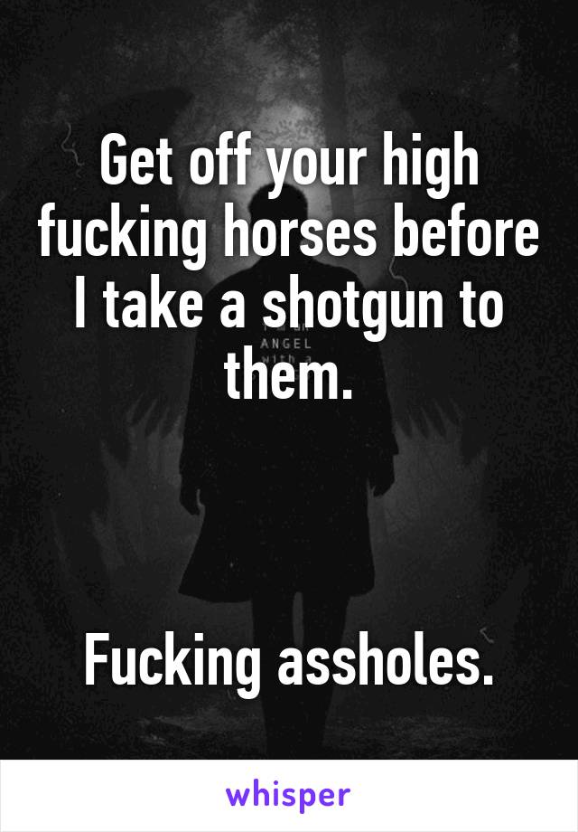 Get off your high fucking horses before I take a shotgun to them.



Fucking assholes.