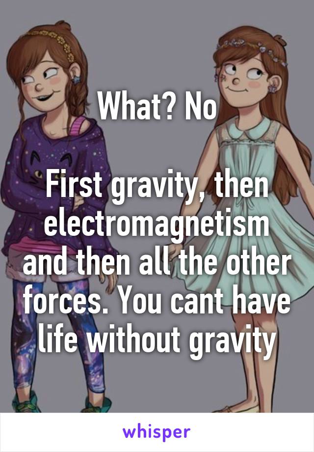 What? No

First gravity, then electromagnetism and then all the other forces. You cant have life without gravity