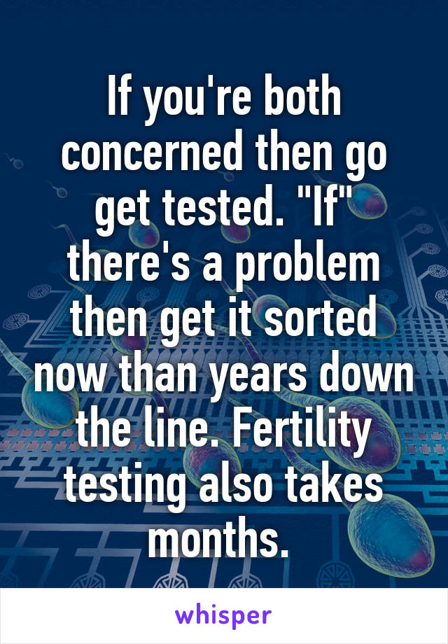 If you're both concerned then go get tested. "If" there's a problem then get it sorted now than years down the line. Fertility testing also takes months. 