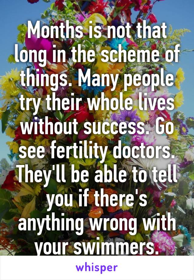 Months is not that long in the scheme of things. Many people try their whole lives without success. Go see fertility doctors. They'll be able to tell you if there's anything wrong with your swimmers.