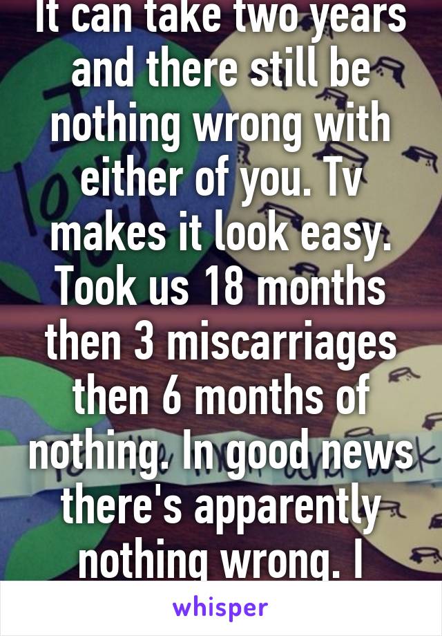 It can take two years and there still be nothing wrong with either of you. Tv makes it look easy. Took us 18 months then 3 miscarriages then 6 months of nothing. In good news there's apparently nothing wrong. I understand. 