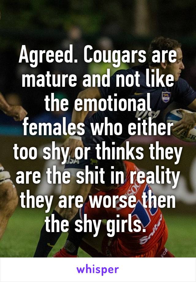 Agreed. Cougars are mature and not like the emotional females who either too shy or thinks they are the shit in reality they are worse then the shy girls. 