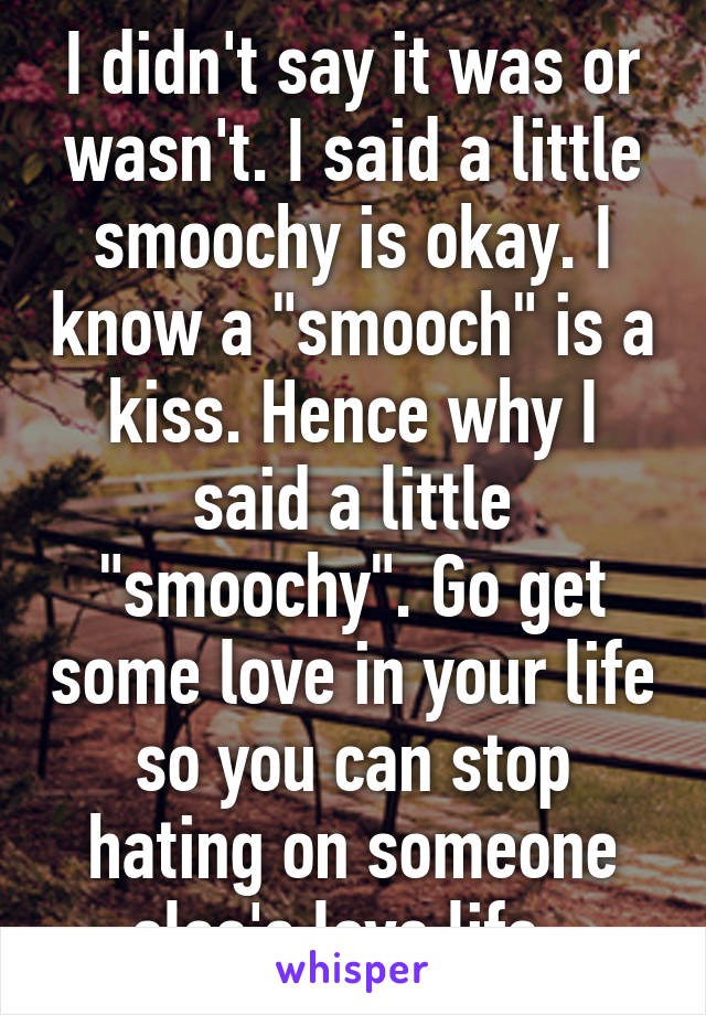 I didn't say it was or wasn't. I said a little smoochy is okay. I know a "smooch" is a kiss. Hence why I said a little "smoochy". Go get some love in your life so you can stop hating on someone else's love life. 