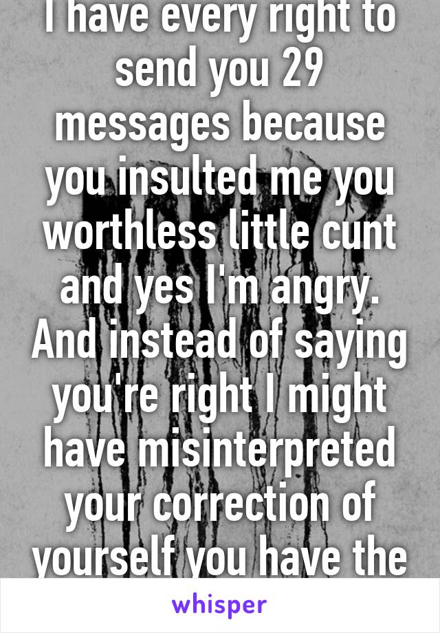 I have every right to send you 29 messages because you insulted me you worthless little cunt and yes I'm angry. And instead of saying you're right I might have misinterpreted your correction of yourself you have the gall to send me this. 