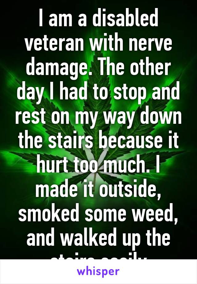 I am a disabled veteran with nerve damage. The other day I had to stop and rest on my way down the stairs because it hurt too much. I made it outside, smoked some weed, and walked up the stairs easily