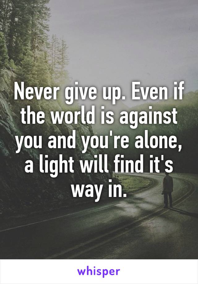 Never give up. Even if the world is against you and you're alone, a light will find it's way in.