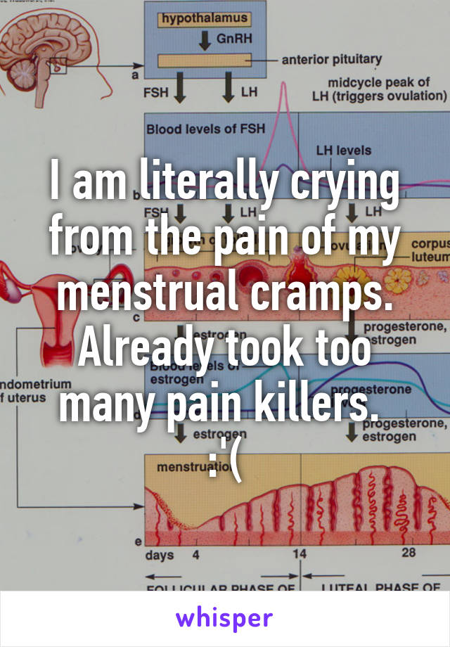 I am literally crying from the pain of my menstrual cramps. Already took too many pain killers. 
:'(