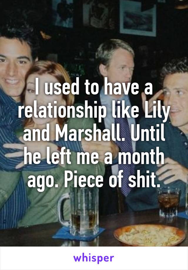 I used to have a relationship like Lily and Marshall. Until he left me a month ago. Piece of shit.