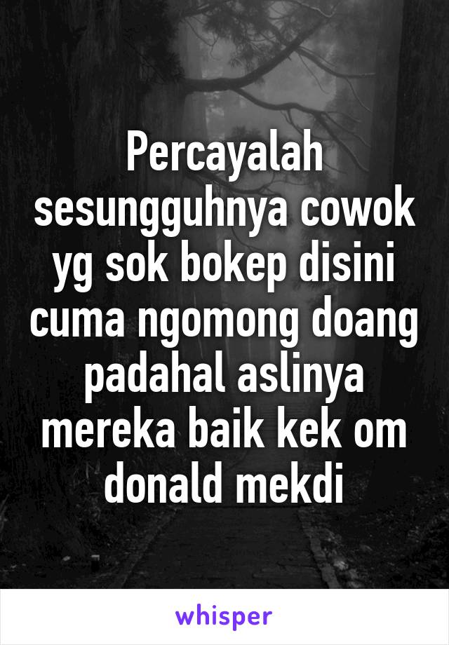 Percayalah sesungguhnya cowok yg sok bokep disini cuma ngomong doang padahal aslinya mereka baik kek om donald mekdi