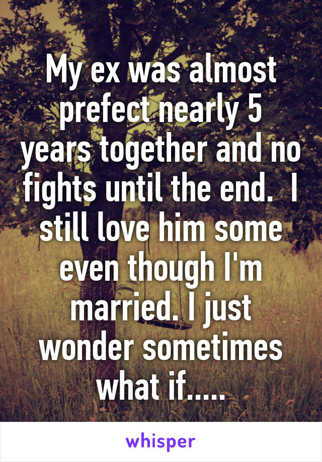 My ex was almost prefect nearly 5 years together and no fights until the end.  I still love him some even though I'm married. I just wonder sometimes what if.....