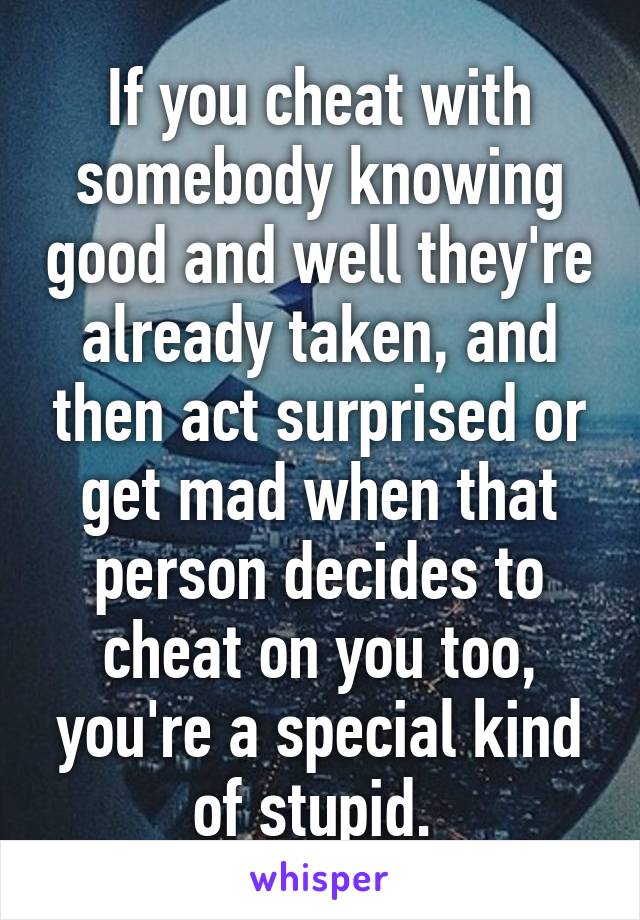 If you cheat with somebody knowing good and well they're already taken, and then act surprised or get mad when that person decides to cheat on you too, you're a special kind of stupid. 