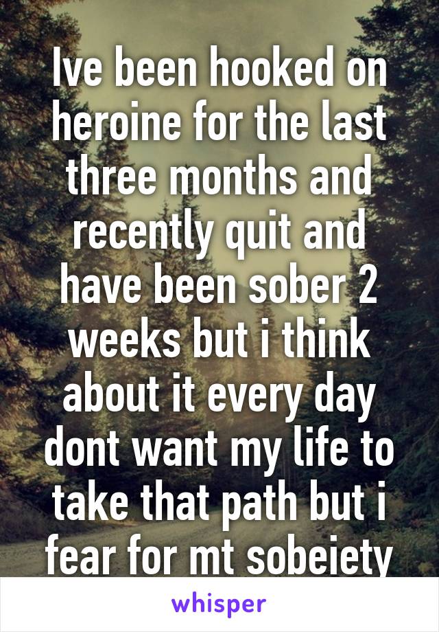 Ive been hooked on heroine for the last three months and recently quit and have been sober 2 weeks but i think about it every day dont want my life to take that path but i fear for mt sobeiety