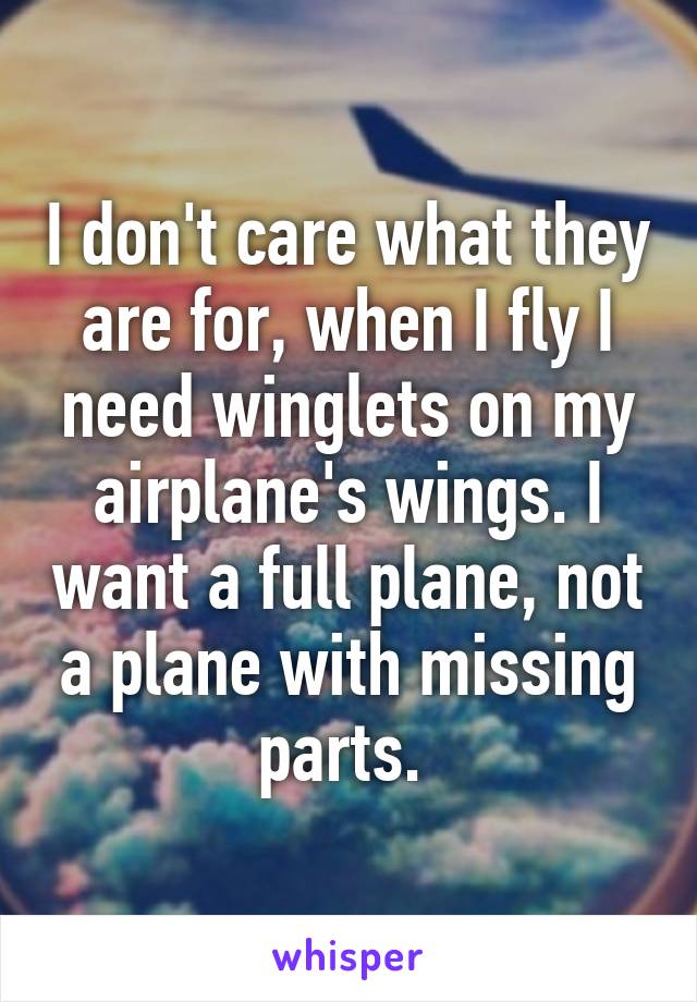 I don't care what they are for, when I fly I need winglets on my airplane's wings. I want a full plane, not a plane with missing parts. 