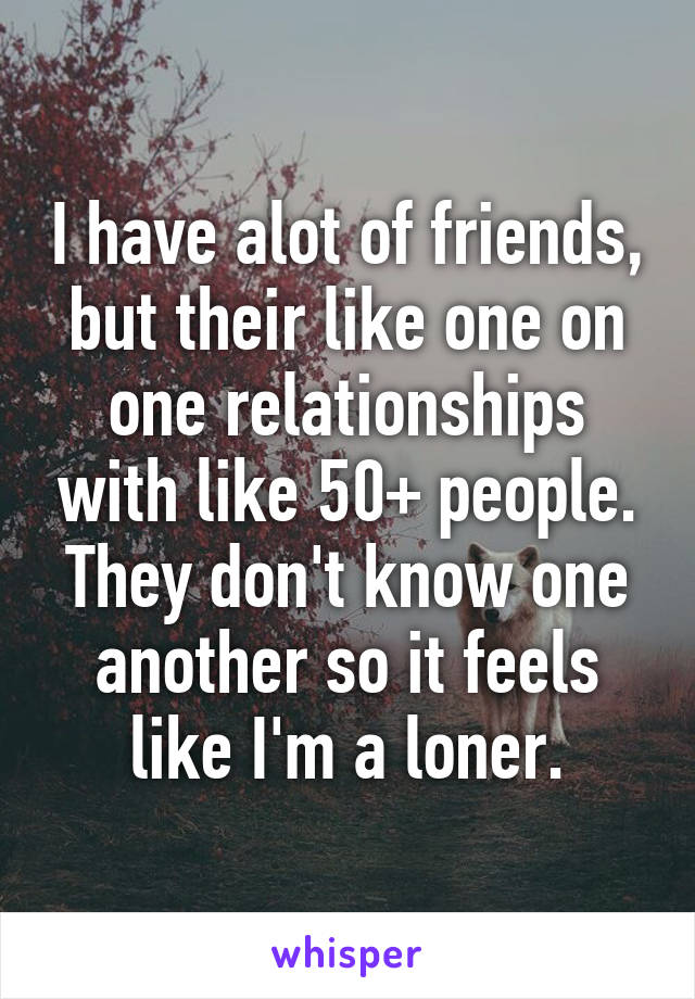 I have alot of friends, but their like one on one relationships with like 50+ people. They don't know one another so it feels like I'm a loner.