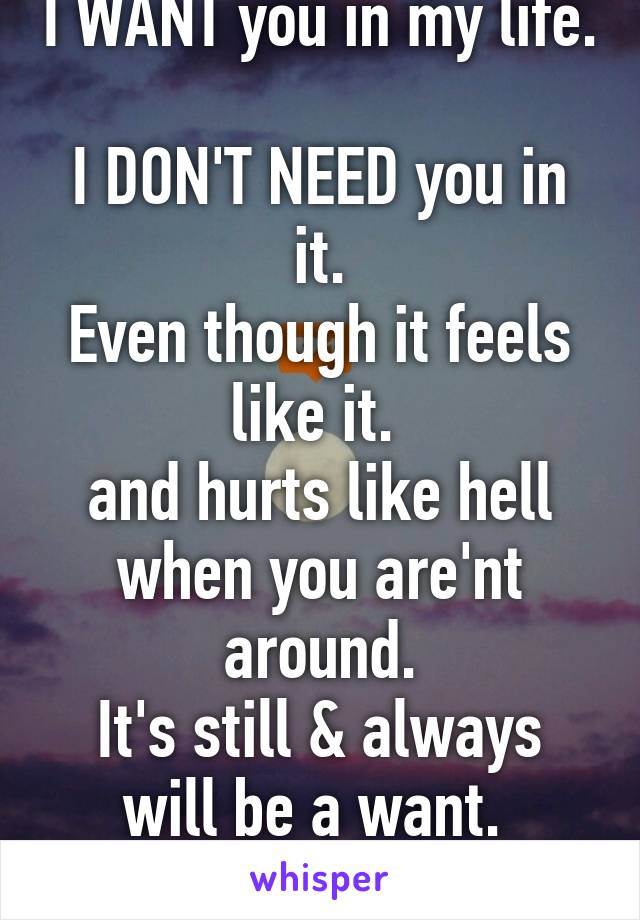 I WANT you in my life. 
I DON'T NEED you in it.
Even though it feels like it. 
and hurts like hell when you are'nt around.
It's still & always will be a want. 
