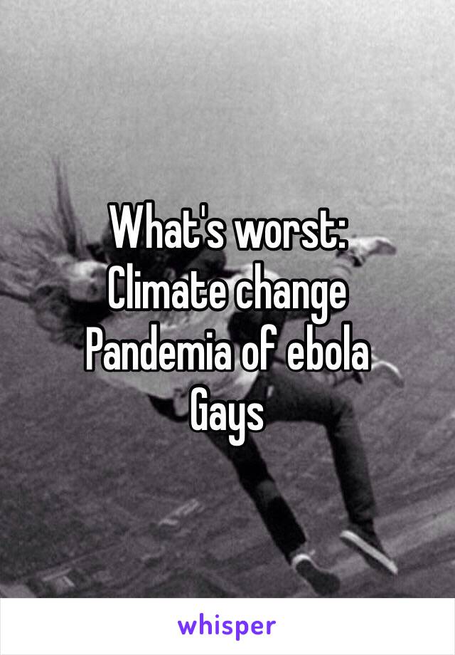 What's worst:
Climate change
Pandemia of ebola
Gays