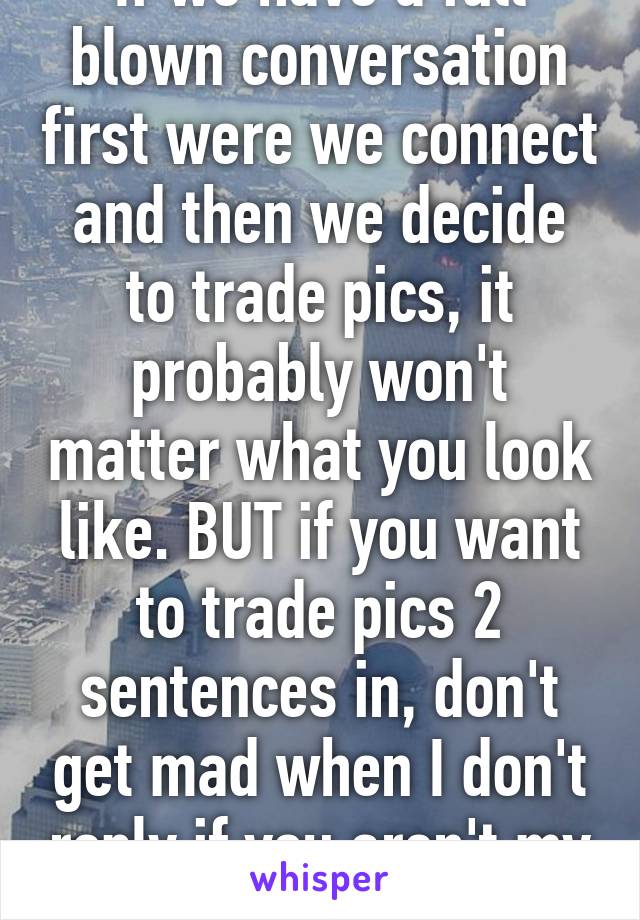 If we have a full blown conversation first were we connect and then we decide to trade pics, it probably won't matter what you look like. BUT if you want to trade pics 2 sentences in, don't get mad when I don't reply if you aren't my type.