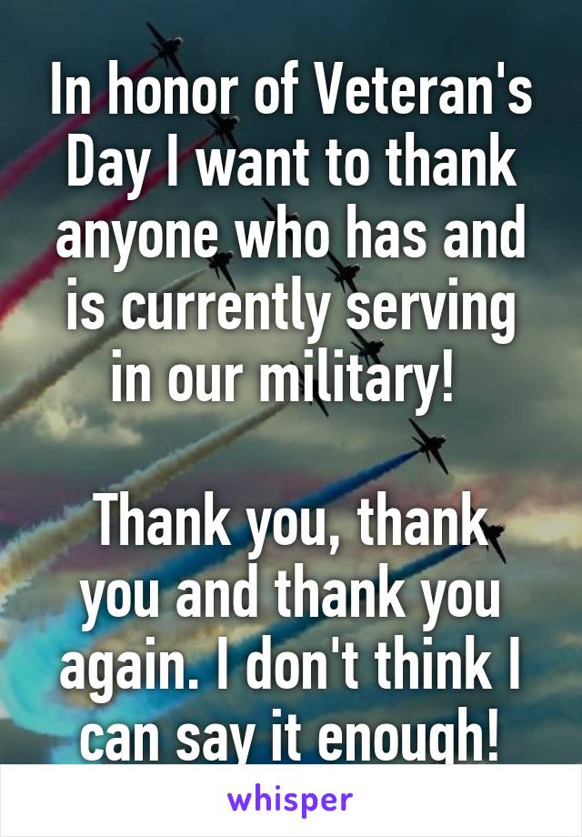 In honor of Veteran's Day I want to thank anyone who has and is currently serving in our military! 

Thank you, thank you and thank you again. I don't think I can say it enough!