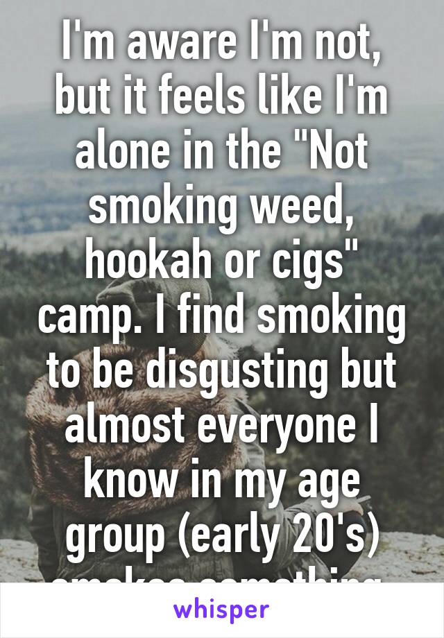 I'm aware I'm not, but it feels like I'm alone in the "Not smoking weed, hookah or cigs" camp. I find smoking to be disgusting but almost everyone I know in my age group (early 20's) smokes something.