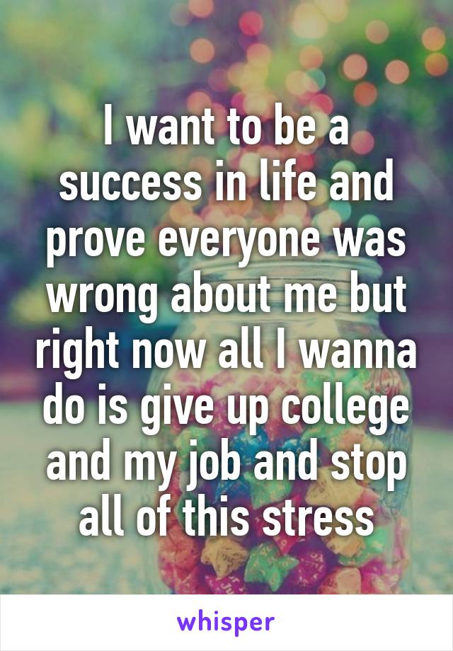 I want to be a success in life and prove everyone was wrong about me but right now all I wanna do is give up college and my job and stop all of this stress