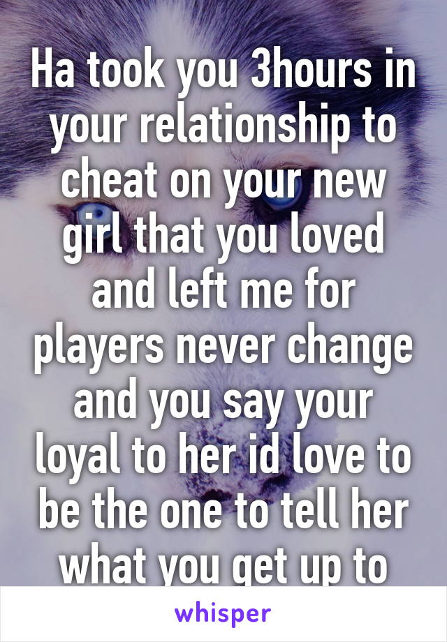 Ha took you 3hours in your relationship to cheat on your new girl that you loved and left me for players never change and you say your loyal to her id love to be the one to tell her what you get up to