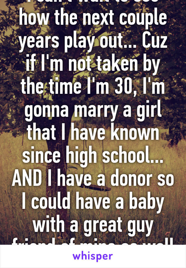 I can't wait to see how the next couple years play out... Cuz if I'm not taken by the time I'm 30, I'm gonna marry a girl that I have known since high school... AND I have a donor so I could have a baby with a great guy friend of mine as well :) 