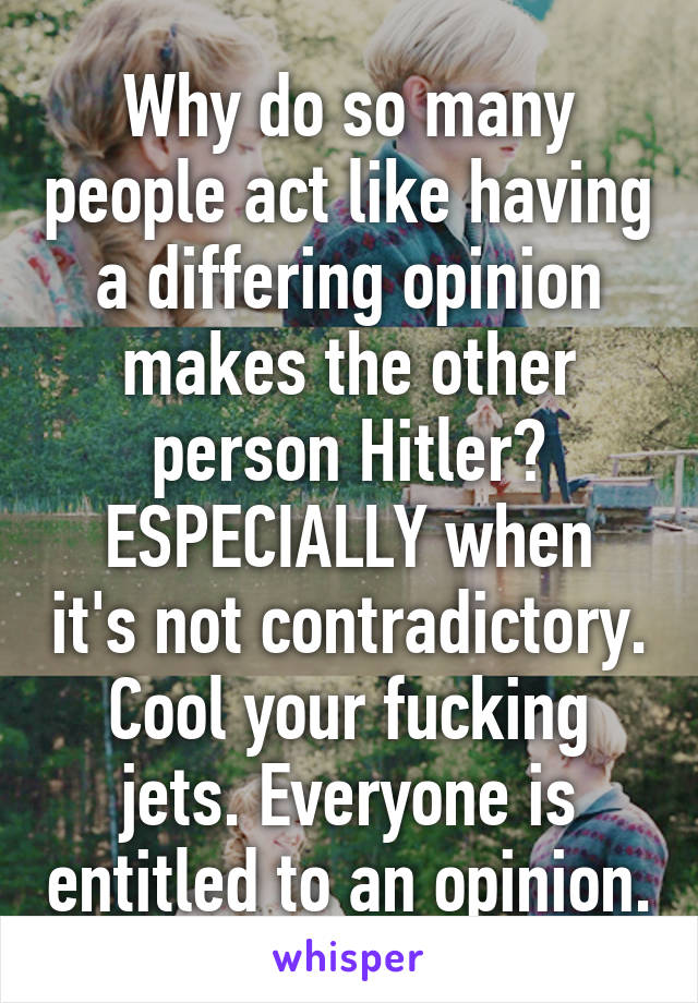 Why do so many people act like having a differing opinion makes the other person Hitler?
ESPECIALLY when it's not contradictory.
Cool your fucking jets. Everyone is entitled to an opinion.