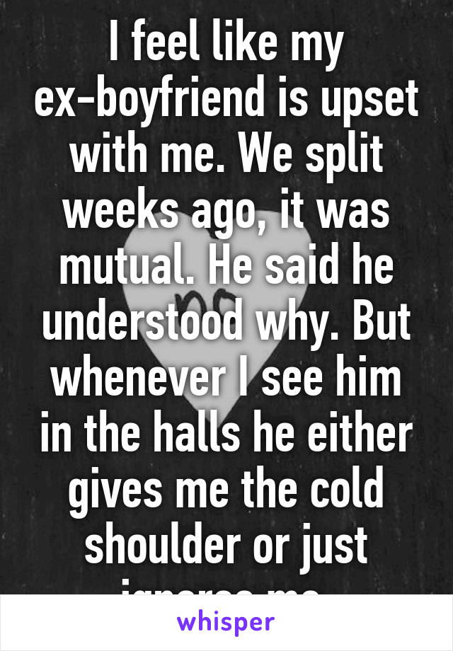 I feel like my ex-boyfriend is upset with me. We split weeks ago, it was mutual. He said he understood why. But whenever I see him in the halls he either gives me the cold shoulder or just ignores me.