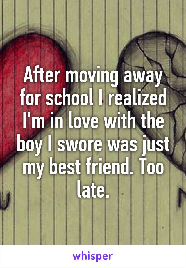 After moving away for school I realized I'm in love with the boy I swore was just my best friend. Too late.