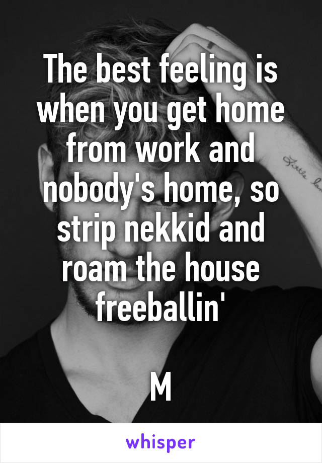 The best feeling is when you get home from work and nobody's home, so strip nekkid and roam the house freeballin'

M