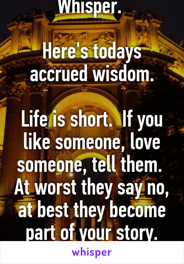 Good Morning Whisper. 

Here's todays accrued wisdom.

Life is short.  If you like someone, love someone, tell them.  At worst they say no, at best they become part of your story.

The end.