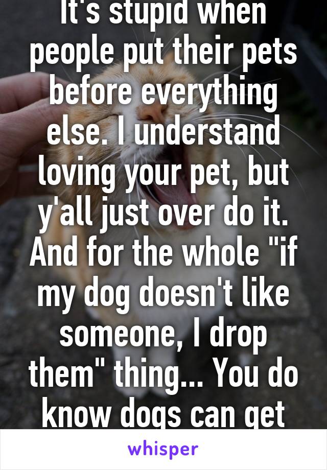 It's stupid when people put their pets before everything else. I understand loving your pet, but y'all just over do it. And for the whole "if my dog doesn't like someone, I drop them" thing... You do know dogs can get jealous, right?