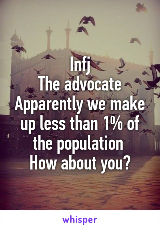 Infj
The advocate
Apparently we make up less than 1% of the population 
How about you?