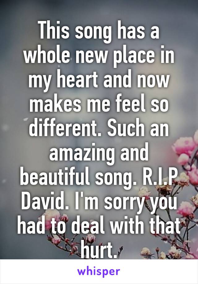 This song has a whole new place in my heart and now makes me feel so different. Such an amazing and beautiful song. R.I.P David. I'm sorry you had to deal with that hurt.