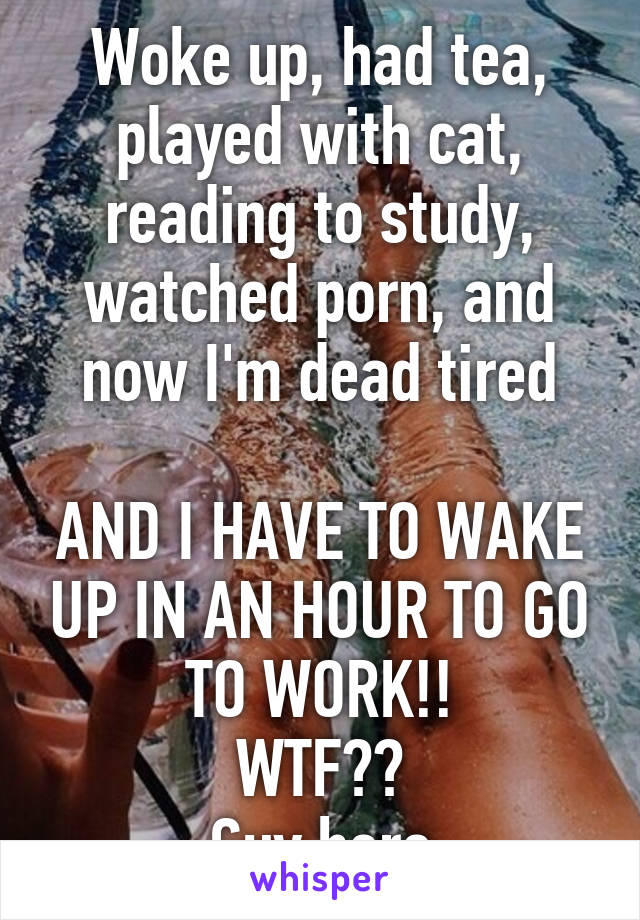 Woke up, had tea, played with cat, reading to study, watched porn, and now I'm dead tired
  
AND I HAVE TO WAKE UP IN AN HOUR TO GO TO WORK!!
WTF??
Guy here