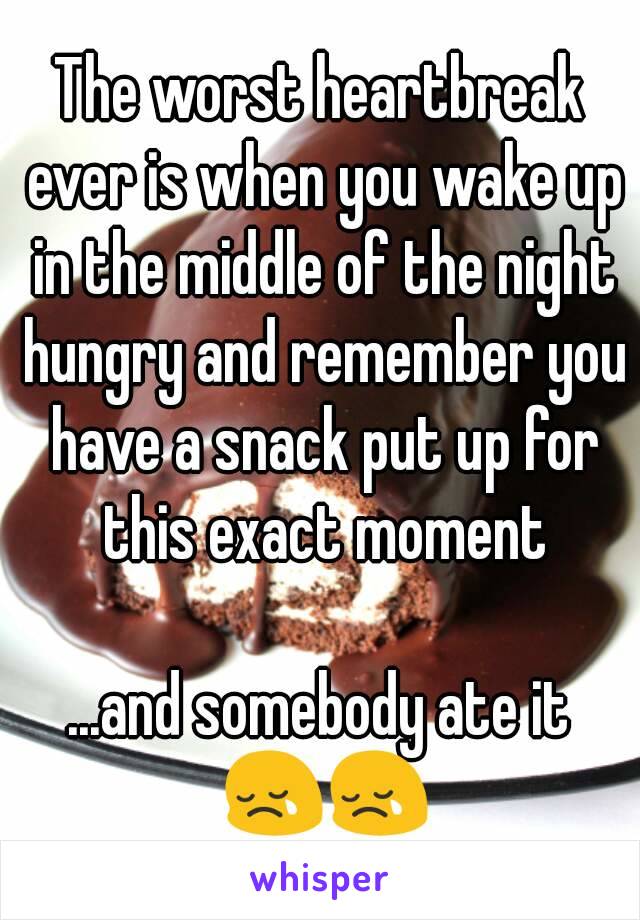 The worst heartbreak ever is when you wake up in the middle of the night hungry and remember you have a snack put up for this exact moment

...and somebody ate it 😢😢
