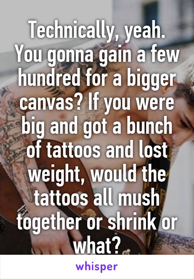 Technically, yeah. You gonna gain a few hundred for a bigger canvas? If you were big and got a bunch of tattoos and lost weight, would the tattoos all mush together or shrink or what?