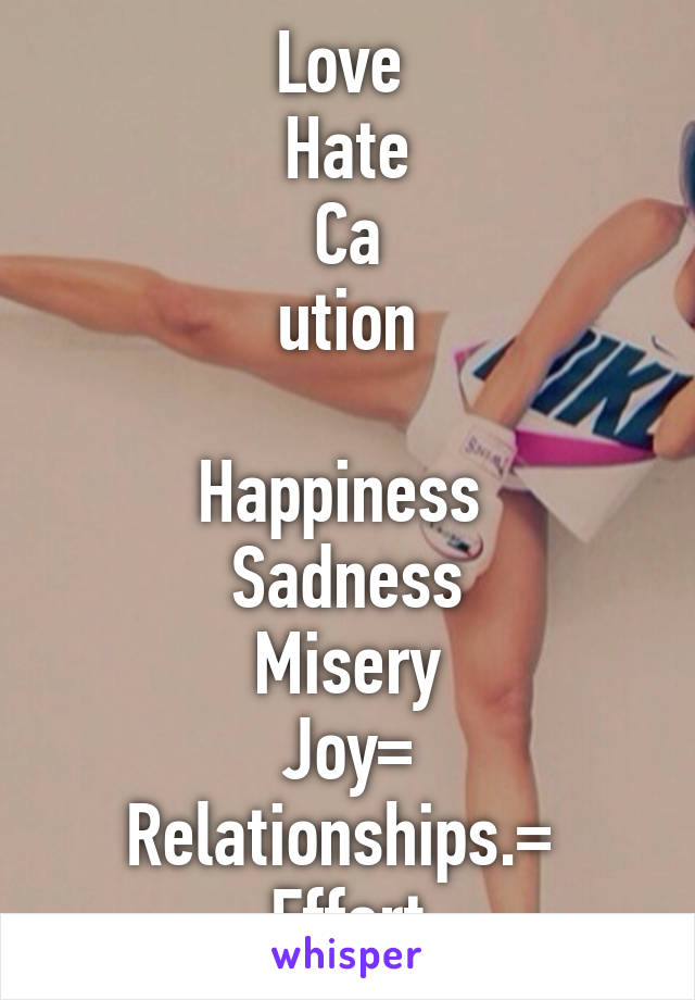 Love 
Hate
Ca
ution

Happiness 
Sadness
Misery
Joy=
Relationships.= 
Effort