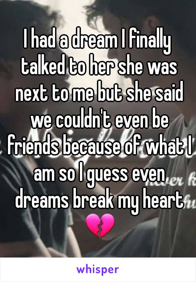 I had a dream I finally talked to her she was next to me but she said we couldn't even be friends because of what I am so I guess even dreams break my heart 💔