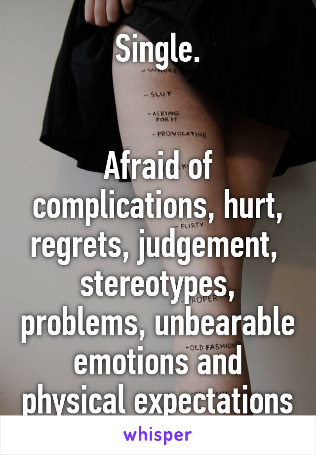 Single.


Afraid of complications, hurt, regrets, judgement,  stereotypes, problems, unbearable emotions and physical expectations