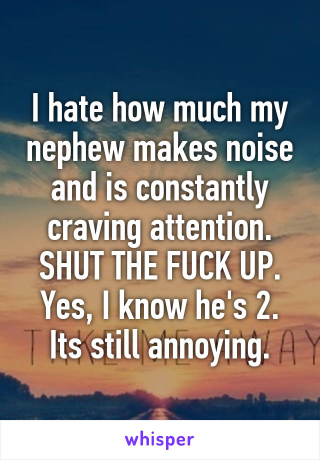 I hate how much my nephew makes noise and is constantly craving attention. SHUT THE FUCK UP. Yes, I know he's 2. Its still annoying.