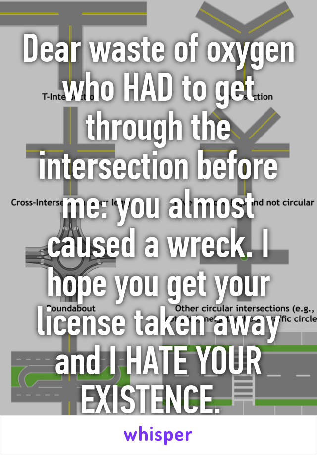 Dear waste of oxygen who HAD to get through the intersection before me: you almost caused a wreck. I hope you get your license taken away and I HATE YOUR EXISTENCE.  