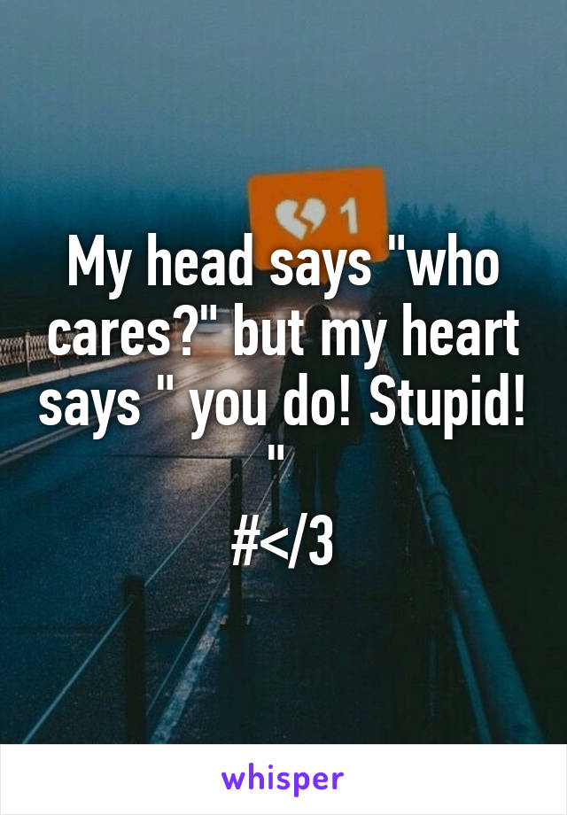 My head says "who cares?" but my heart says " you do! Stupid! " 
#</3