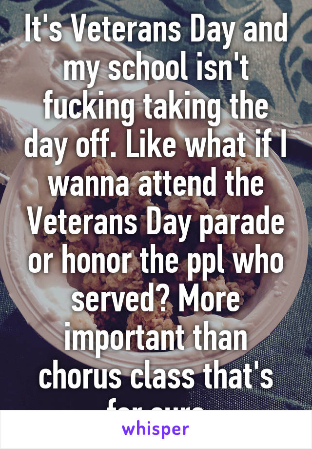 It's Veterans Day and my school isn't fucking taking the day off. Like what if I wanna attend the Veterans Day parade or honor the ppl who served? More important than chorus class that's for sure